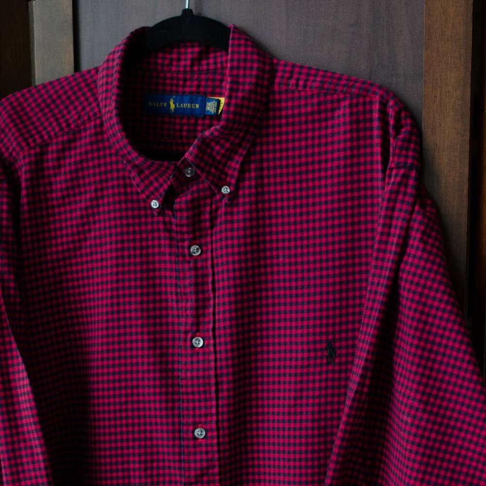 Ralph Lauren 2XB Long Sleeve Button-Down Shirt – Red & Navy Gingham Check
